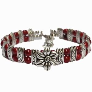 Christmas Poinsettia Flower Floral Silver Red Beaded Bracelet Bangle Bead Boho